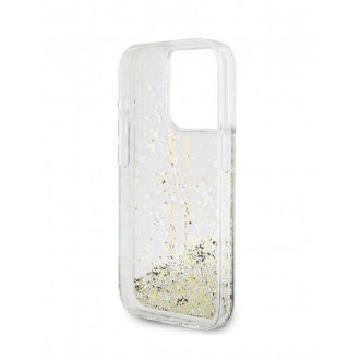 Guess PC/TPU Liquid Glitter Gold Stripe Zadní Kryt pro iPhone 15 Pro Transparent