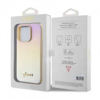 Guess PU Leather Iridescent Metal Script Zadní Kryt pro iPhone 15 Gold