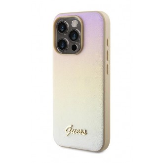 Guess PU Leather Iridescent Metal Script Zadní Kryt pro iPhone 15 Pro Gold