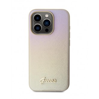 Guess PU Leather Iridescent Metal Script Zadní Kryt pro iPhone 15 Pro Gold