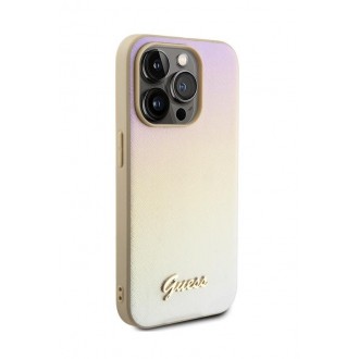 Guess PU Leather Iridescent Metal Script Zadní Kryt pro iPhone 15 Pro Gold