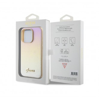 Guess PU Leather Iridescent Metal Script Zadní Kryt pro iPhone 15 Pro Gold