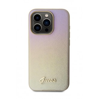 Guess PU Leather Iridescent Metal Script Zadní Kryt pro iPhone 15 Pro Max Gold