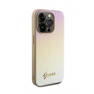 Guess PU Leather Iridescent Metal Script Zadní Kryt pro iPhone 15 Pro Max Gold