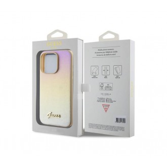 Guess PU Leather Iridescent Metal Script Zadní Kryt pro iPhone 15 Pro Max Gold