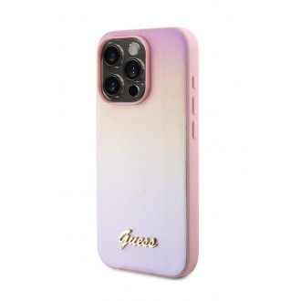 Guess PU Leather Iridescent Metal Script Zadní Kryt pro iPhone 15 Pro Max Pink
