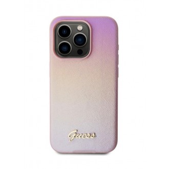 Guess PU Leather Iridescent Metal Script Zadní Kryt pro iPhone 15 Pro Max Pink