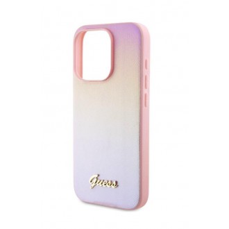 Guess PU Leather Iridescent Metal Script Zadní Kryt pro iPhone 15 Pro Max Pink