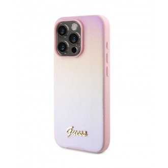 Guess PU Leather Iridescent Metal Script Zadní Kryt pro iPhone 15 Pro Pink