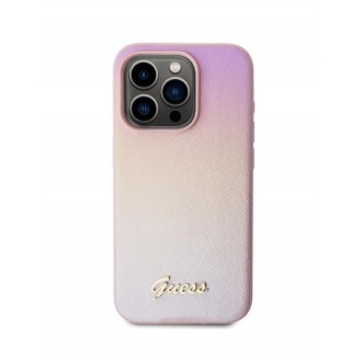 Guess PU Leather Iridescent Metal Script Zadní Kryt pro iPhone 15 Pro Pink