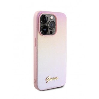 Guess PU Leather Iridescent Metal Script Zadní Kryt pro iPhone 15 Pro Pink
