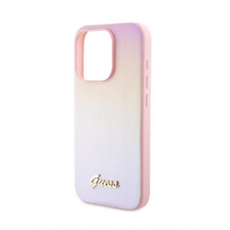 Guess PU Leather Iridescent Metal Script Zadní Kryt pro iPhone 15 Pro Pink
