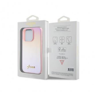 Guess PU Leather Iridescent Metal Script Zadní Kryt pro iPhone 15 Pro Pink