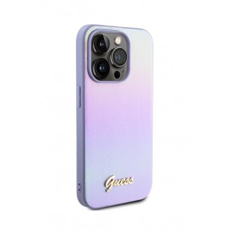 Guess PU Leather Iridescent Metal Script Zadní Kryt pro iPhone 15 Pro Purple
