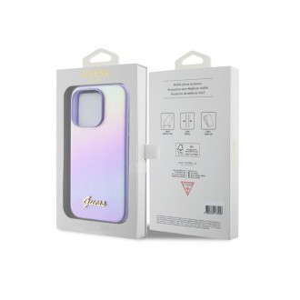 Guess PU Leather Iridescent Metal Script Zadní Kryt pro iPhone 15 Pro Purple