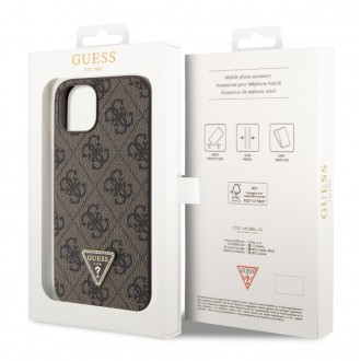 Guess PU 4G Strass Triangle Metal Logo Zadní Kryt pro iPhone 15 Brown
