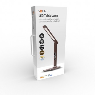 Solight LED stolní lampička s displayem, 9W, volba teploty světla, kůže, hnědá