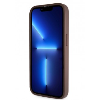Guess PU 4G Strass Triangle Metal Logo Zadní Kryt pro iPhone 15 Pro Brown