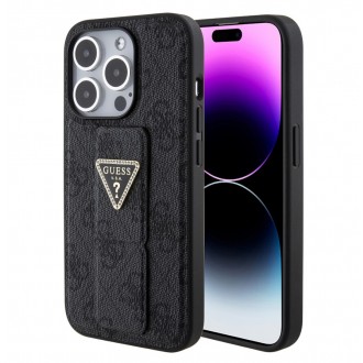 Guess PU Grip Stand 4G Strass Triangle Metal Logo Zadní Kryt pro iPhone 15 Pro Black