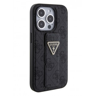 Guess PU Grip Stand 4G Strass Triangle Metal Logo Zadní Kryt pro iPhone 15 Pro Black