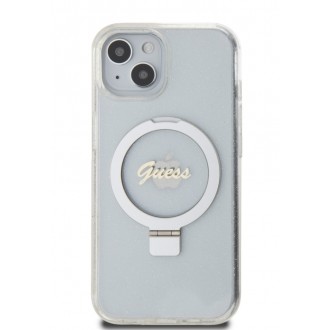 Guess IML Ring Stand Glitter MagSafe Zadní Kryt pro iPhone 15 Transparent