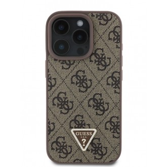 Guess PU 4G Strass Triangle Metal Logo Zadní Kryt pro iPhone 16 Pro Brown