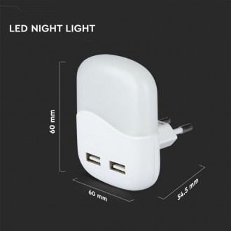 V-TAC LED noční světlo se senzorem 0.4W-10LM-2XUSB-hranaté SKU508