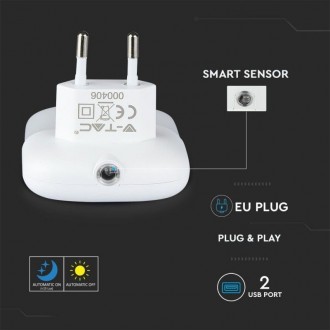 V-TAC LED noční světlo se senzorem 0.4W-10LM-2XUSB-hranaté SKU508