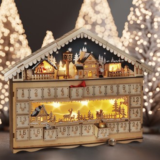 Solight LED adventní kalendář - horská chata, 10x LED, 50x40cm, 2x AA Stupeň krytí (IP): IP20