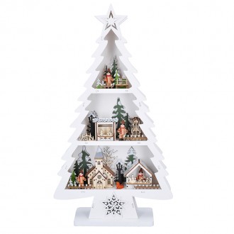 Solight LED dřevěný vánoční stromek s dekoracemi, 13x LED, bílá, 53cm, 2x AA