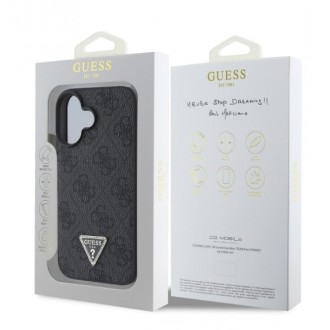 Guess PU 4G Strass Triangle Metal Logo Zadní Kryt pro iPhone 16 Black
