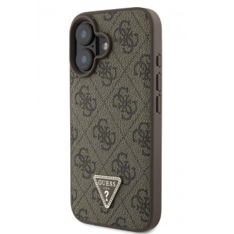 Guess PU 4G Strass Triangle Metal Logo Zadní Kryt pro iPhone 16 Brown
