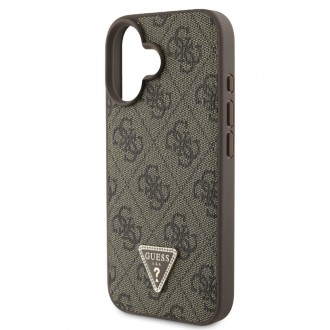 Guess PU 4G Strass Triangle Metal Logo Zadní Kryt pro iPhone 16 Brown