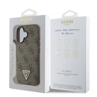 Guess PU 4G Strass Triangle Metal Logo Zadní Kryt pro iPhone 16 Brown