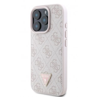 Guess PU 4G Strass Triangle Metal Logo Zadní Kryt pro iPhone 16 Pro Pink