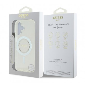 Guess IML Rhinestones Ring MagSafe Zadní Kryt pro iPhone 16 White