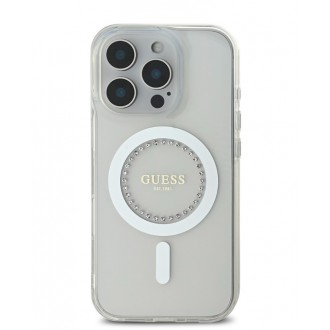Guess IML Rhinestones Ring MagSafe Zadní Kryt pro iPhone 16 Pro White