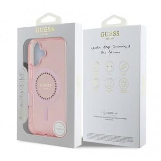 Guess IML Rhinestones Ring MagSafe Zadní Kryt pro iPhone 16 Pink
