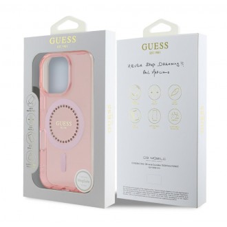 Guess IML Rhinestones Ring MagSafe Zadní Kryt pro iPhone 16 Pro Pink