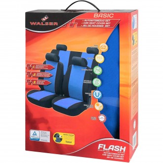 Autopotahy sedadel na celé vozidlo s bočními airbagy v sedadlech - Walser Flash sada 9 dílů - modré / černé