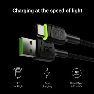 GreenCell USB kabel Green Cell KABGC13 USB-A - USB-C 2m, černý, zelené podsvícení