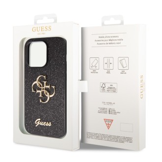Guess PU Fixed Glitter 4G Metal Logo Zadní Kryt pro iPhone 15 Pro Max Černý