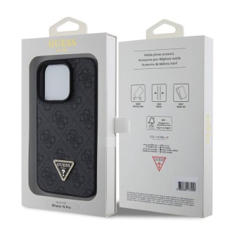 Guess PU 4G Strass Triangle Metal Logo Zadní Kryt pro iPhone 15 Pro Black