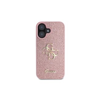 Guess PU Fixed Glitter 4G Metal Logo Zadní Kryt pro iPhone 16 Růžová