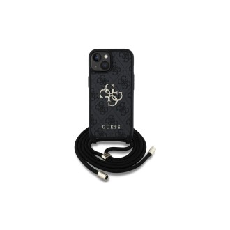 Guess PU 4G Metal Logo Zadní Kryt pro iPhone 15 Černá + Crossbody Popruh