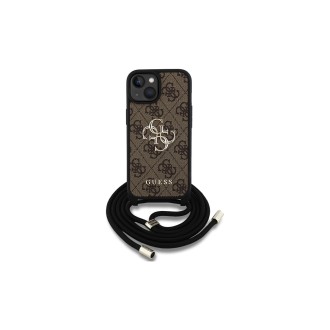 Guess PU 4G Metal Logo Zadní Kryt pro iPhone 15 Hnědá + Crossbody Popruh