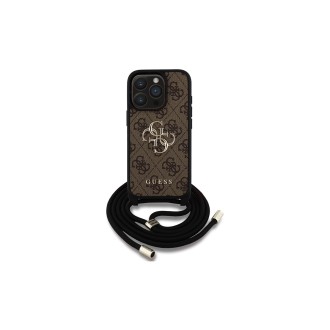 Guess PU 4G Metal Logo Zadní Kryt pro iPhone 15 Pro Hnědá + Crossbody Popruh