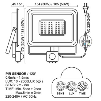 NEDES - LED černý reflektor 50W / 4000K - LF0024S