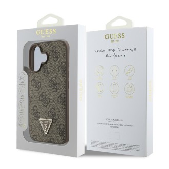 Guess PU 4G Strass Triangle Metal Logo Zadní Kryt pro iPhone 16 Brown
