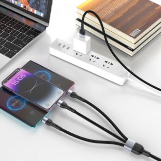 DeTech DE-52UCL datový kabel, 3v1, USB na 2x Type-C, Lightning, 1.0m - černá
